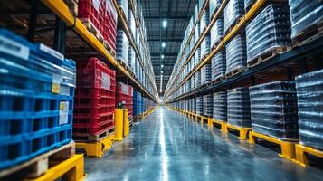 Rows of colorful pallets line a spacious warehouse aisle, showcasing organized inventory storage. Bright overhead lights enhance visibility for efficient loading and unloading activities. photo