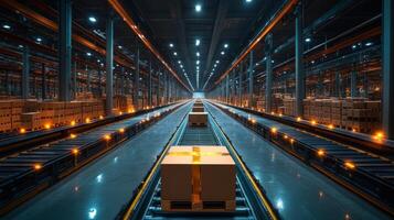 Rows of neatly stacked boxes in a modern warehouse showcase a sophisticated logistics system with automated sorting and streamlined storage facilities during nighttime. photo