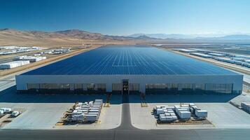 A spacious warehouse equipped with solar panels on the roof is positioned in a logistics hub. Nearby loading docks are ready for inventory processing and distribution activities. photo