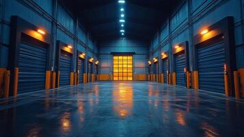 A large warehouse space with several storage bays is brightly illuminated by overhead lights highlighting the wet floor. The atmosphere suggests an active logistics environment during evening hours. photo