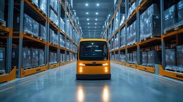 An autonomous vehicle moves through a spacious warehouse lined with tall shelves filled with stacked pallets, enhancing logistics and inventory management operations in real time. photo