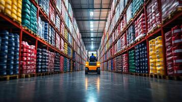 A worker drives a small vehicle through a spacious warehouse packed with neatly organized shelves of colorful inventory, facilitating effective sorting and fulfillment operations. photo