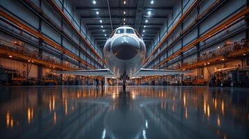 Large spacecraft is positioned in a spacious hangar, showcasing advanced propulsion systems. Technicians perform necessary checks in preparation for future aerospace missions. photo