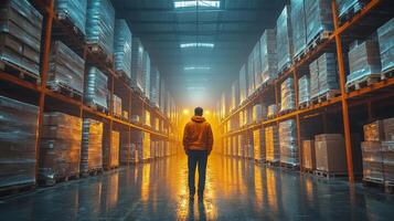 A person stands alone in a spacious warehouse filled with stacked pallets, illuminated by a warm golden light at dusk. The atmosphere highlights the scale of logistics operations. photo