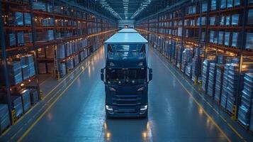 A large truck is positioned inside a spacious warehouse, prepared to load goods for distribution. Shelves filled with inventory line the well lit aisles between organized pallets. photo
