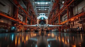Rescue and refurbishment processes are depicted with a rocket positioned in a vast aerospace facility surrounded by equipment and infrastructure for prelaunch preparations. photo