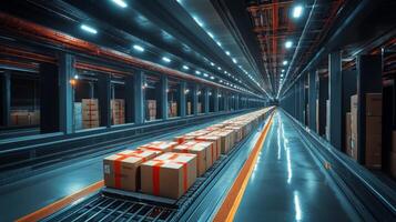Long rows of neatly stacked boxes move along a conveyor belt in a state of the art warehouse dedicated to logistics and distribution. photo