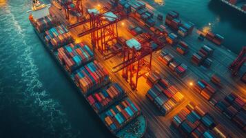 A bustling warehouse environment showcases numerous shipping containers stacked on the dock, while cranes efficiently load and unload cargo from ships at dusk. photo