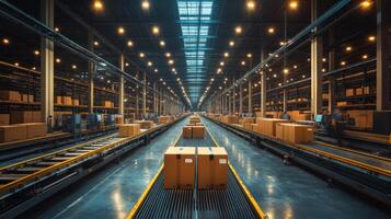 Rows of neatly stacked cargo boxes are positioned along automated conveyor belts in a spacious warehouse. Bright lights illuminate the facility, enhancing operational efficiency. photo