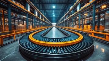 A modern warehouse features extensive conveyor systems designed for logistics and distribution. The focus is on inventory management and streamlined operations, ensuring efficient cargo movement. photo