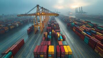 A vast logistics center showcases rows of stacked cargo containers in various colors, while towering cranes prepare for loading and unloading operations during early morning hours. photo
