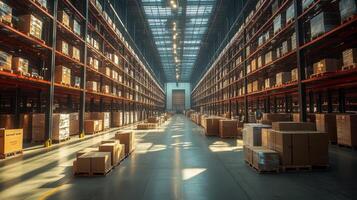 Brightly lit warehouse filled with neatly stacked boxes and pallets, highlighting an efficient sorting and fulfillment operation within a logistics hub. photo