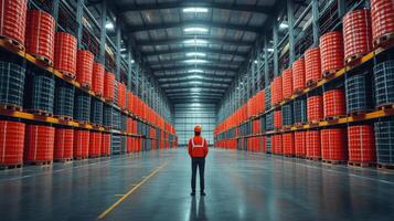 A worker in a safety vest and helmet stands in a large warehouse, overseeing tall rows of storage barrels organized for efficient distribution and logistics operations. photo