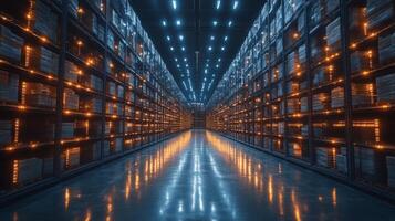 Vast warehouse interior features rows of neatly arranged shelves filled with cargo. Bright overhead lights enhance the efficient layout for quick inventory access and logistics management. photo