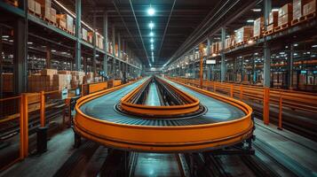 A state of the art warehouse features an advanced conveyor system designed for efficient movement of cargo. Palletized inventory is strategically stored for streamlined operations. photo