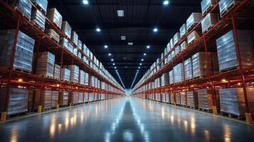 Brightly lit warehouse features rows of neatly stacked pallets on high shelves, emphasizing efficient logistics and distribution practices in a spacious storage environment. photo