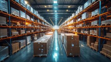 Inside a spacious warehouse, rows of pallets stacked with neatly packaged boxes reflect organized inventory. Workers are busy managing sorting and fulfillment tasks. photo