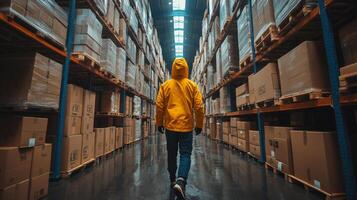 A worker in a vibrant yellow jacket walks through the aisles of a warehouse filled with boxes and shelving. The environment is busy with logistics activities, creating an efficient distribution hub. photo