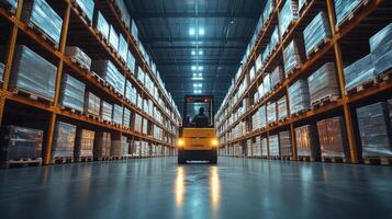 Forklift operates in a large warehouse filled with neatly organized shelves. Workers manage inventory and sorting tasks in a busy distribution hub. photo
