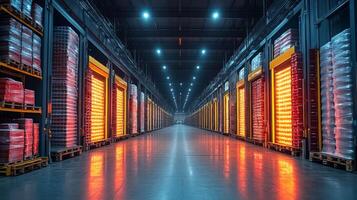 Brightly lit warehouse features neatly arranged pallets of goods, highlighting efficient storage practices and logistics operations in a large distribution center. photo