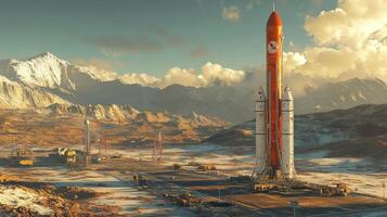 A towering rocket stands ready for launch at a spaceport, with rugged mountains in the background and vibrant clouds at sunset, highlighting the grandeur of space exploration efforts. photo