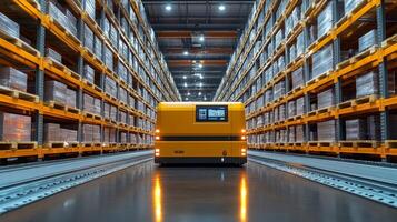 An automated guided vehicle moves along the track in a spacious warehouse filled with tall shelves stacked with stored products, ensuring effective inventory management and sorting. photo