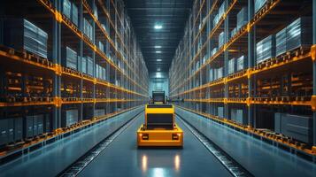 A vibrant warehouse features automated transport vehicles moving through organized rows of shelves filled with cargo and inventory, illustrating advanced logistics management. photo
