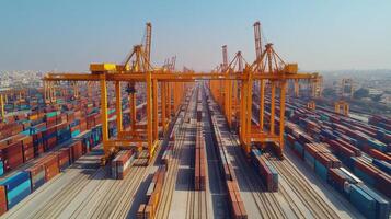 A busy cargo terminal showcases large cranes working to load and unload shipping containers. The vivid array of containers reflects the thriving logistics and distribution activity in the area. photo