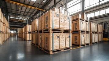 Rows of wooden crates are neatly arranged in a spacious warehouse designed for logistics and distribution. The area is well lit, promoting efficient inventory handling. photo