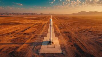 A rocket is prepared for launch in an expansive desert landscape during sunset. The advanced technology highlights efforts in space exploration and aerospace innovation. photo