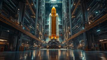 Rocket is standing ready for its launch in a state of the art aerospace facility, showcasing the remarkable propulsion technology and detailed engineering essential for space exploration. photo