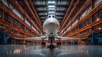 A rocket is positioned in a large aerospace hangar, featuring intricate engineering design. Specialized systems are visible around it, indicating preparation for future space missions. photo