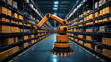 A robotic arm operates in a large logistics warehouse, organizing yellow package boxes on shelves. This automation enhances inventory management and improves workflow. photo