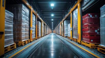 In a modern warehouse logistics center, neatly stacked pallets line the aisles, showcasing an organized inventory system that supports efficient sorting and fulfillment activities. photo