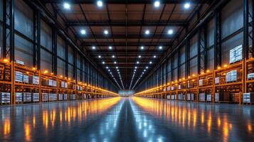 Expansive warehouse interior featuring neatly arranged pallets under bright lighting, showcasing streamlined logistics and effective inventory management practices. photo