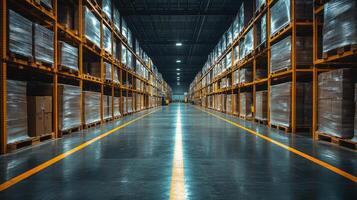 Rows of tall shelving units filled with neatly wrapped cargo create a spacious area for logistics and inventory organization in this modern warehouse. photo