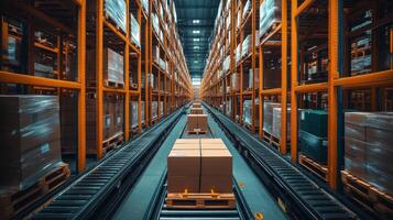 Rows of neatly stacked pallets in a large warehouse. Automated systems are sorting and transporting boxes along the aisles, ensuring effective distribution. photo
