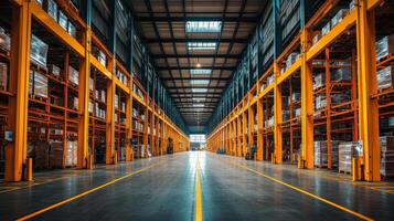 Inside a large warehouse, palletized cargo is neatly arranged on tall racks. Bright lighting illuminates the expansive space, ensuring optimal organization and quick access to inventory. photo