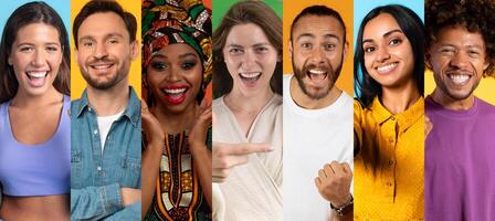 A diverse group of happy individuals showcases joy and positivity against a bright background. Their cheerful expressions celebrate unity in diversity, reflecting a vibrant lifestyle. photo