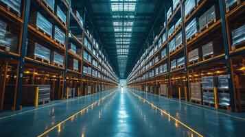 Inside a spacious warehouse, tall shelves are filled with neatly arranged inventory, showcasing a well organized logistics hub focused on sorting and fulfillment. photo