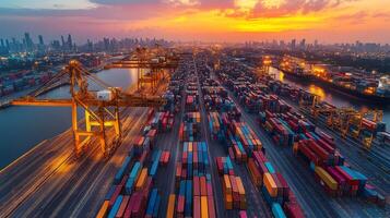 Vibrant cargo containers are organized neatly at a large warehouse during sunset, illustrating a key logistics hub for freight and inventory management in a busy port. photo