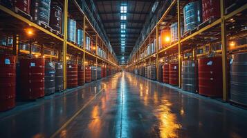 Rows of large barrels in a well organized warehouse create a structured environment for logistics and inventory management, illuminated by overhead lights for visibility. photo