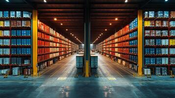 Rows of neatly stacked cargo containers fill the spacious warehouse, illuminated by overhead lights. Workers manage inventory and prepare shipments in this busy logistics hub. photo