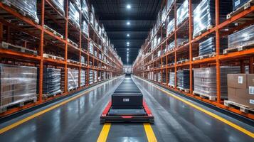 A well organized warehouse shows a central pathway lined with pallets and cargo. Efficient logistics practices enhance inventory management and storage. photo