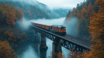 A freight train travels across a curved bridge over a river, with dense fog enveloping the area. Vibrant autumn colors fill the landscape, creating a tranquil logistics setting. photo