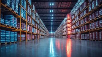 The spacious warehouse displays neat rows of stacked pallets filled with various products, illuminated by bright warehouse lights. The layout emphasizes efficient logistics and inventory management. photo