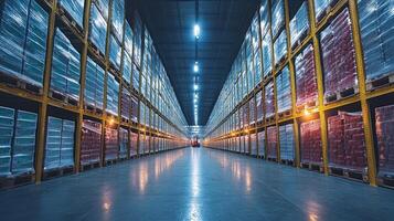 Wide aisles filled with stacked pallets in a modern warehouse showcasing efficient logistics and inventory management under bright overhead lights. photo