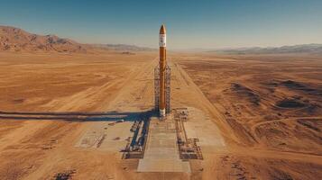 A towering rocket stands ready for launch in a remote desert area under clear blue skies. It reflects advancements in propulsion and recovery techniques for space missions. photo