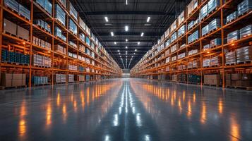 Vast warehouse space featuring neatly arranged shelves filled with various products under bright lights, enhancing the efficiency of inventory storage and sorting. photo