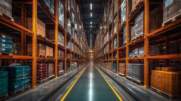 Inside a spacious logistics warehouse, tall shelves packed with carefully arranged inventory line the organized aisles. Efficient sorting and storage facilitate seamless distribution activities. photo